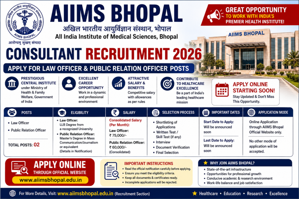 AIIMS Bhopal Consultant Recruitment 2026: Apply for Law Officer & Public Relation Officer Posts | Eligibility, Salary, Selection Process & Complete Guide
