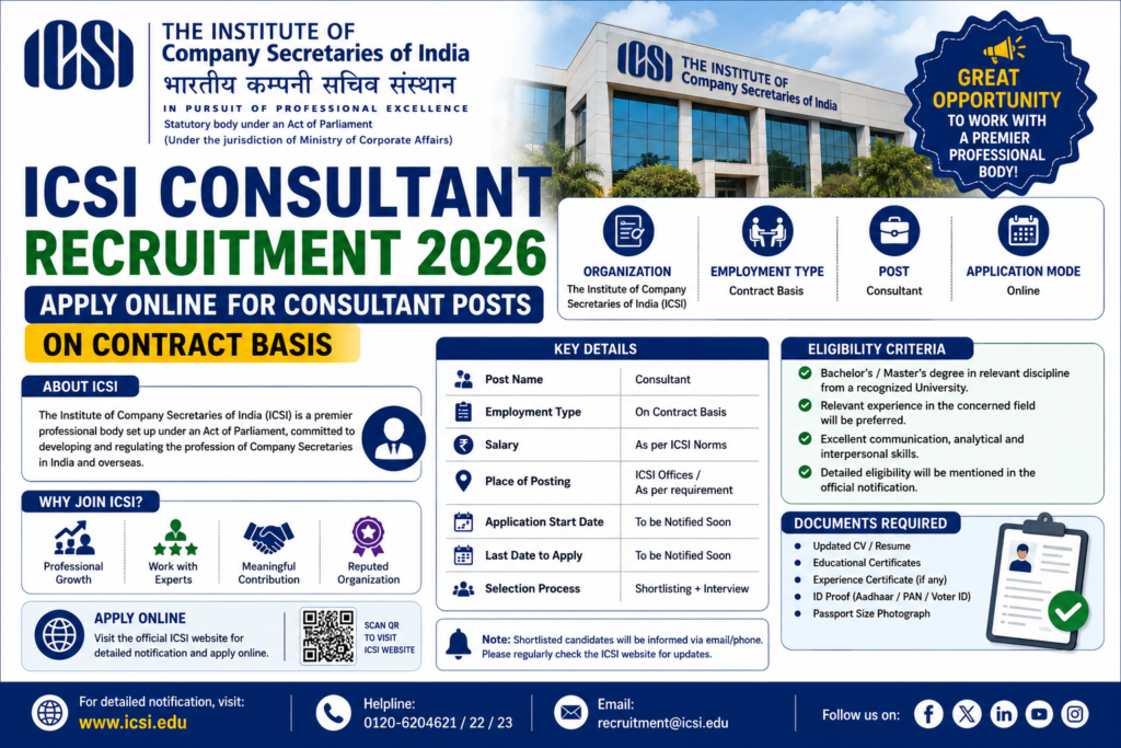 ICSI Consultant Recruitment 2026: Apply Online for Consultant Posts on Contract Basis