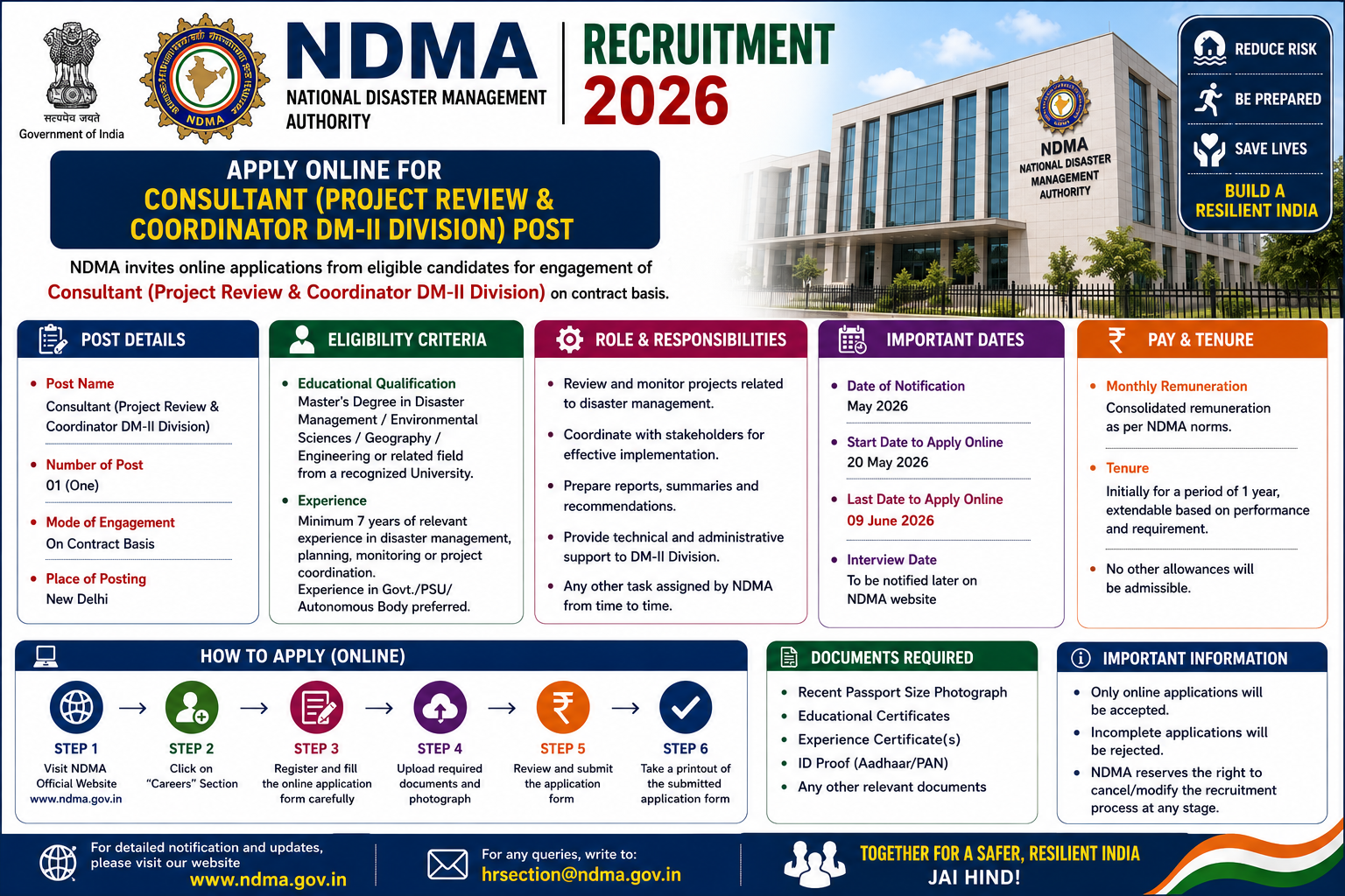 NDMA Recruitment 2026 notification for Consultant (Project Review & Coordinator) post