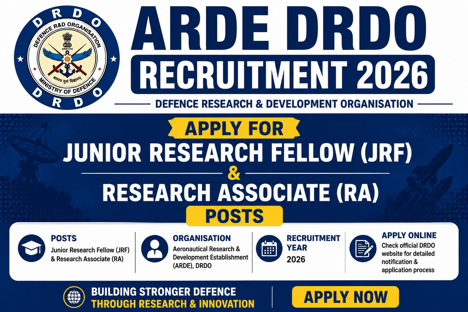 ARDE DRDO Recruitment 2026 notification for Junior Research Fellow and Research Associate posts