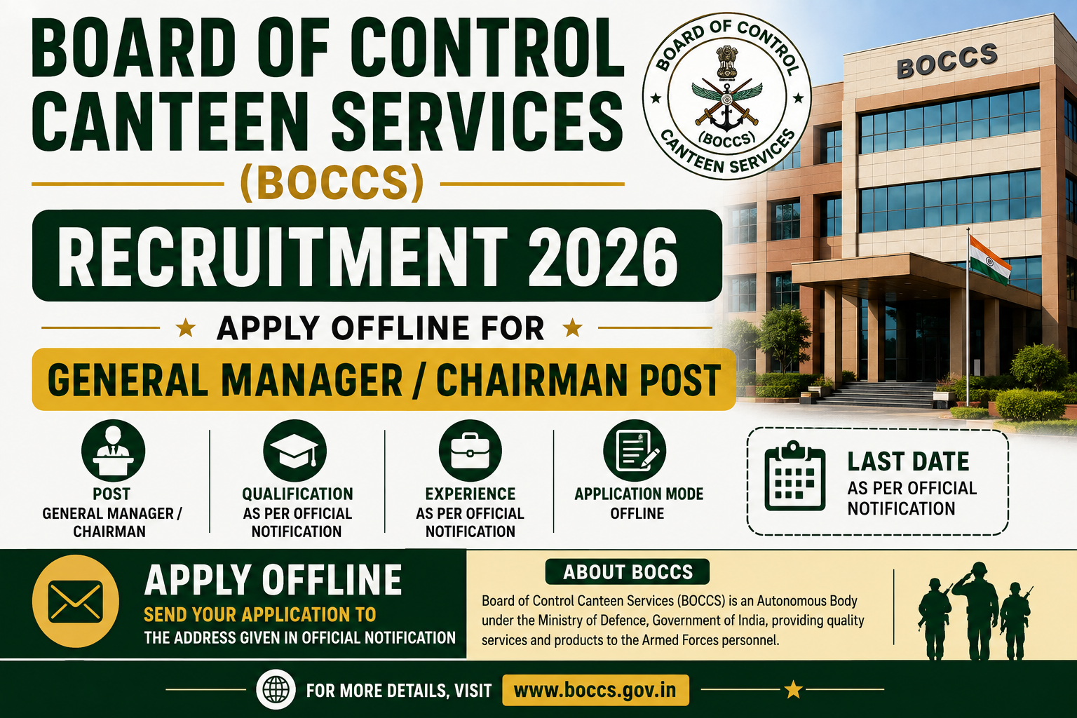 Board of Control Canteen Services (BOCCS) Recruitment 2026