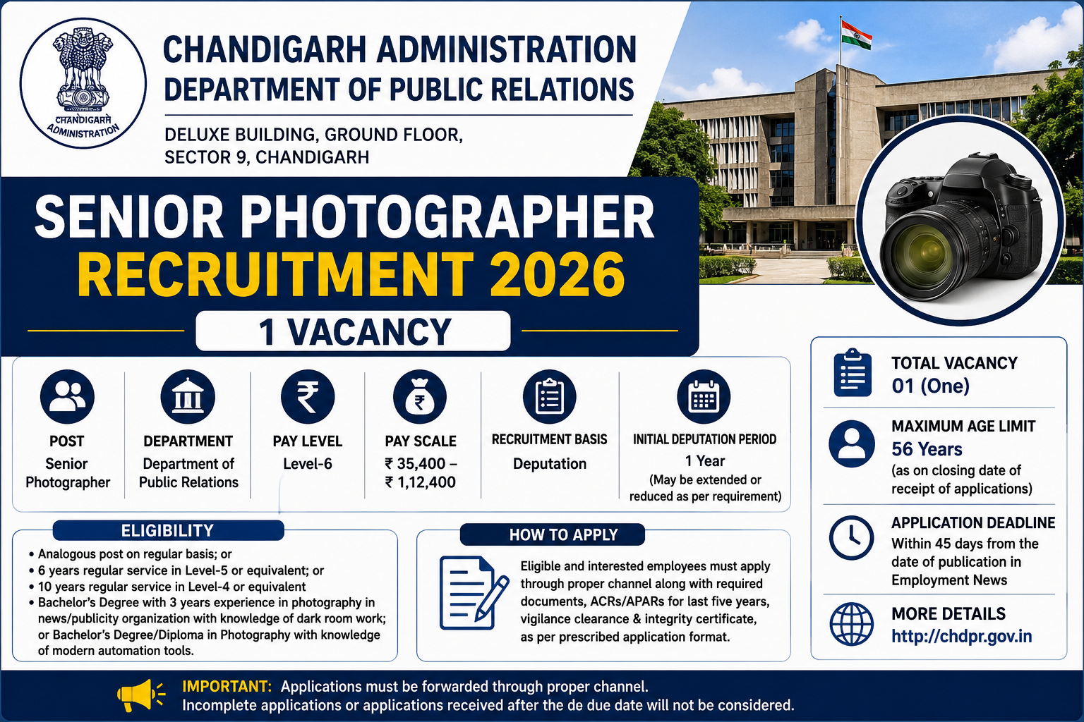 Chandigarh Administration Senior Photographer Recruitment 2026