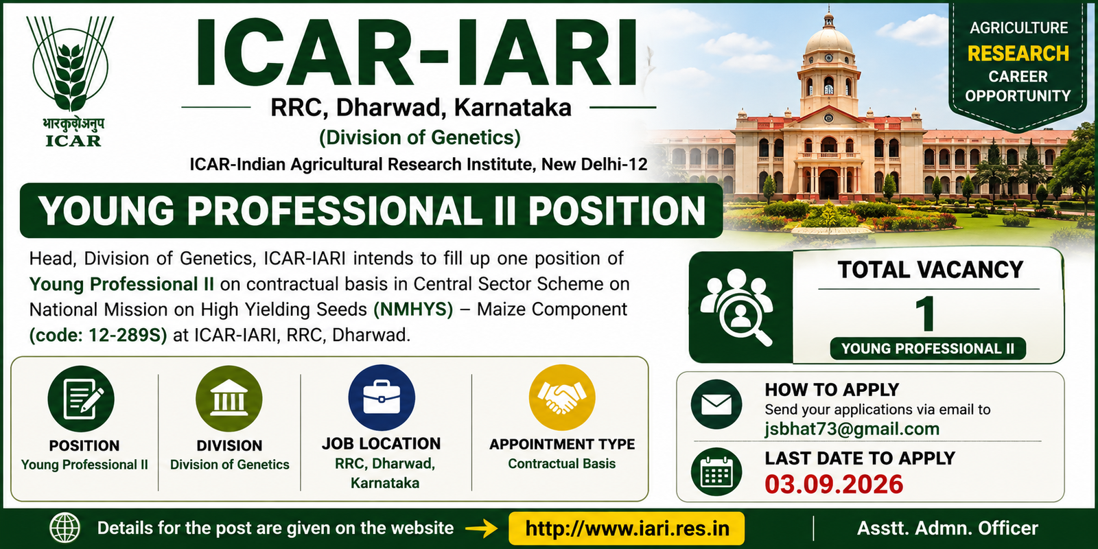ICAR-IARI Recruitment 2026, IARI Recruitment 2026, ICAR Jobs 2026, Young Professional II Recruitment, Agriculture Jobs 2026, Agricultural Research Jobs, Government Agriculture Jobs, Dharwad Jobs 2026