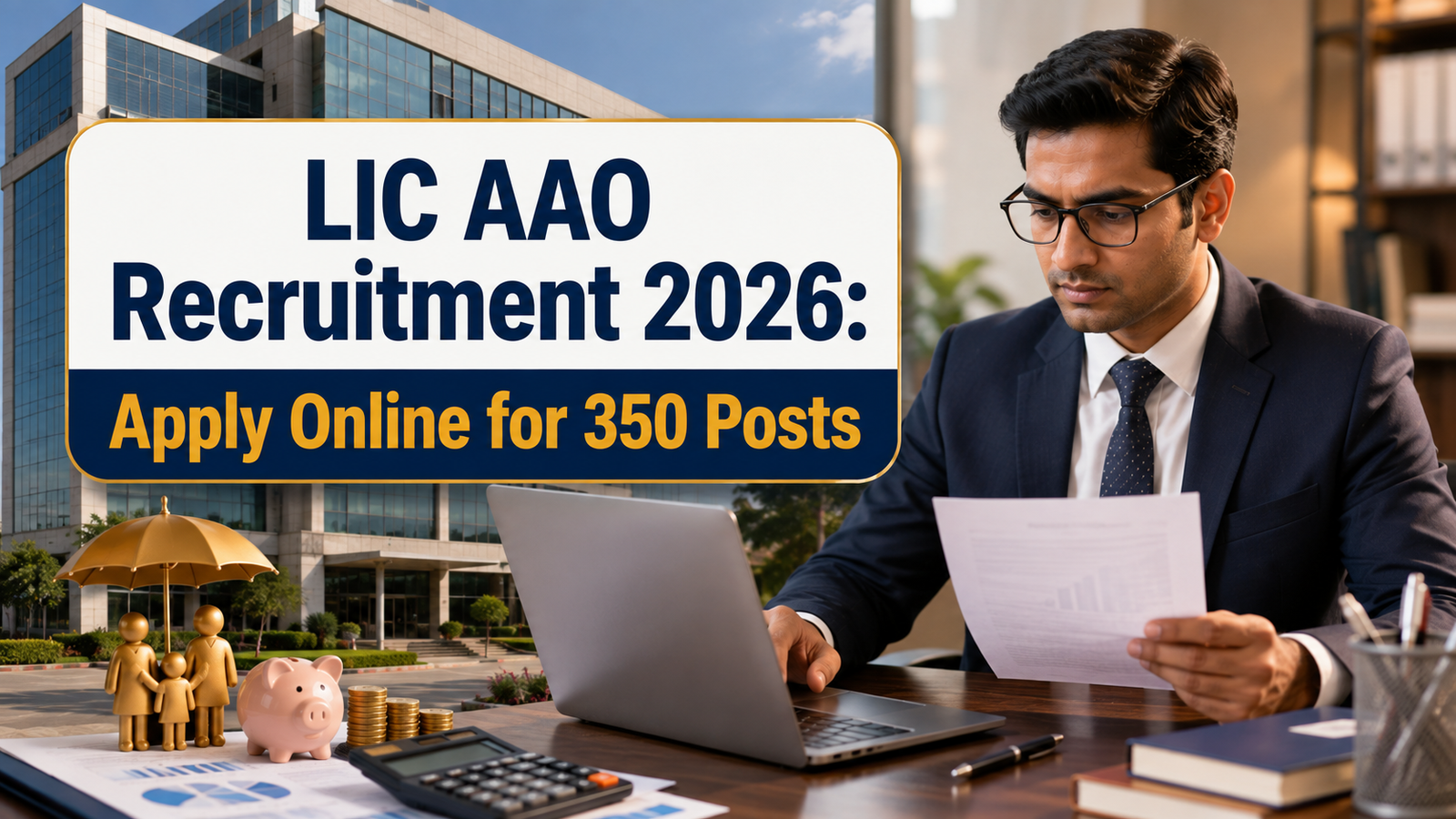 Create a professional, realistic featured image for a government and banking jobs news website. Use ONLY this title as visible text: “LIC AAO Recruitment 2026: Apply Online for 350 Posts”. Show a premium insurance recruitment theme with a modern LIC office building, a professional Indian banking/insurance officer, official documents, laptop and subtle financial elements in the background. Clean editorial news-style composition, realistic photography, trustworthy and professional appearance, high quality, 16:9 landscape format. Do not add any other text, numbers, logos, labels, badges, watermark, or extra words.