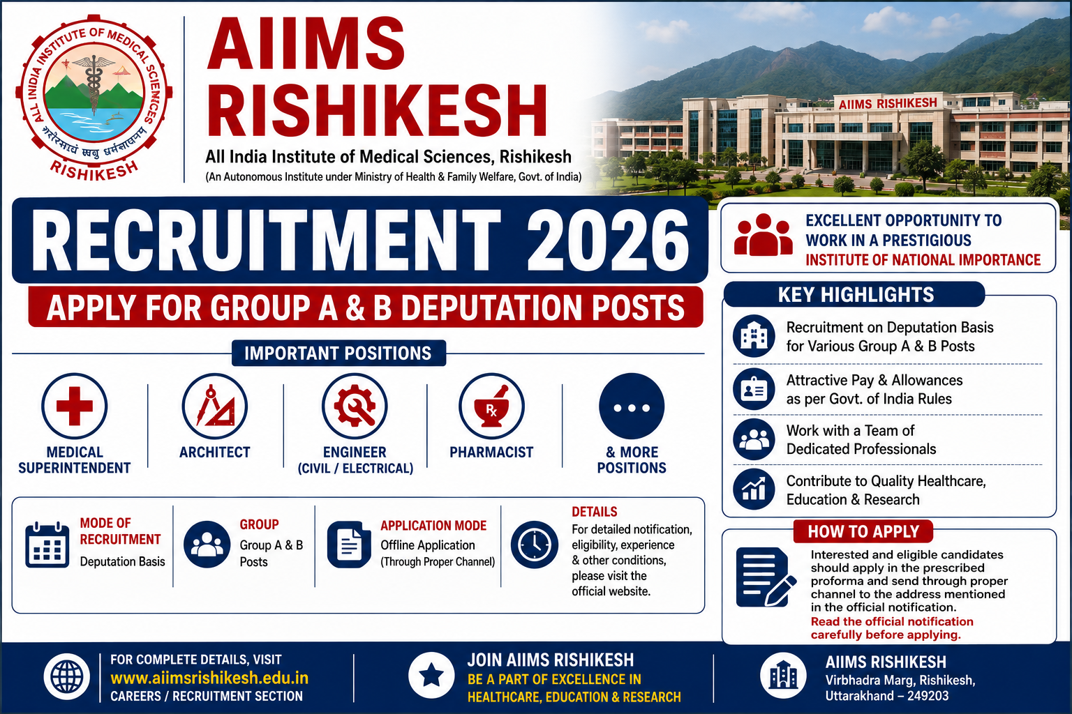 AIIMS Rishikesh Recruitment 2026 notification for Group A and Group B deputation posts