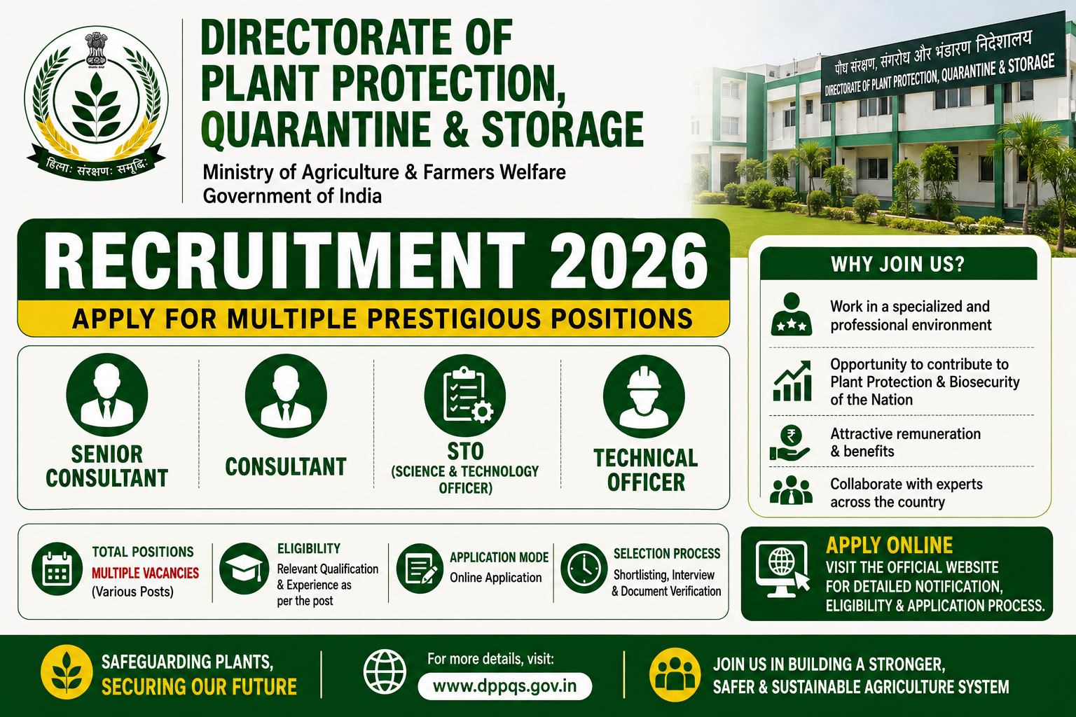 Directorate of Plant Protection Quarantine and Storage Recruitment 2026 notification for Consultant and Technical Officer posts