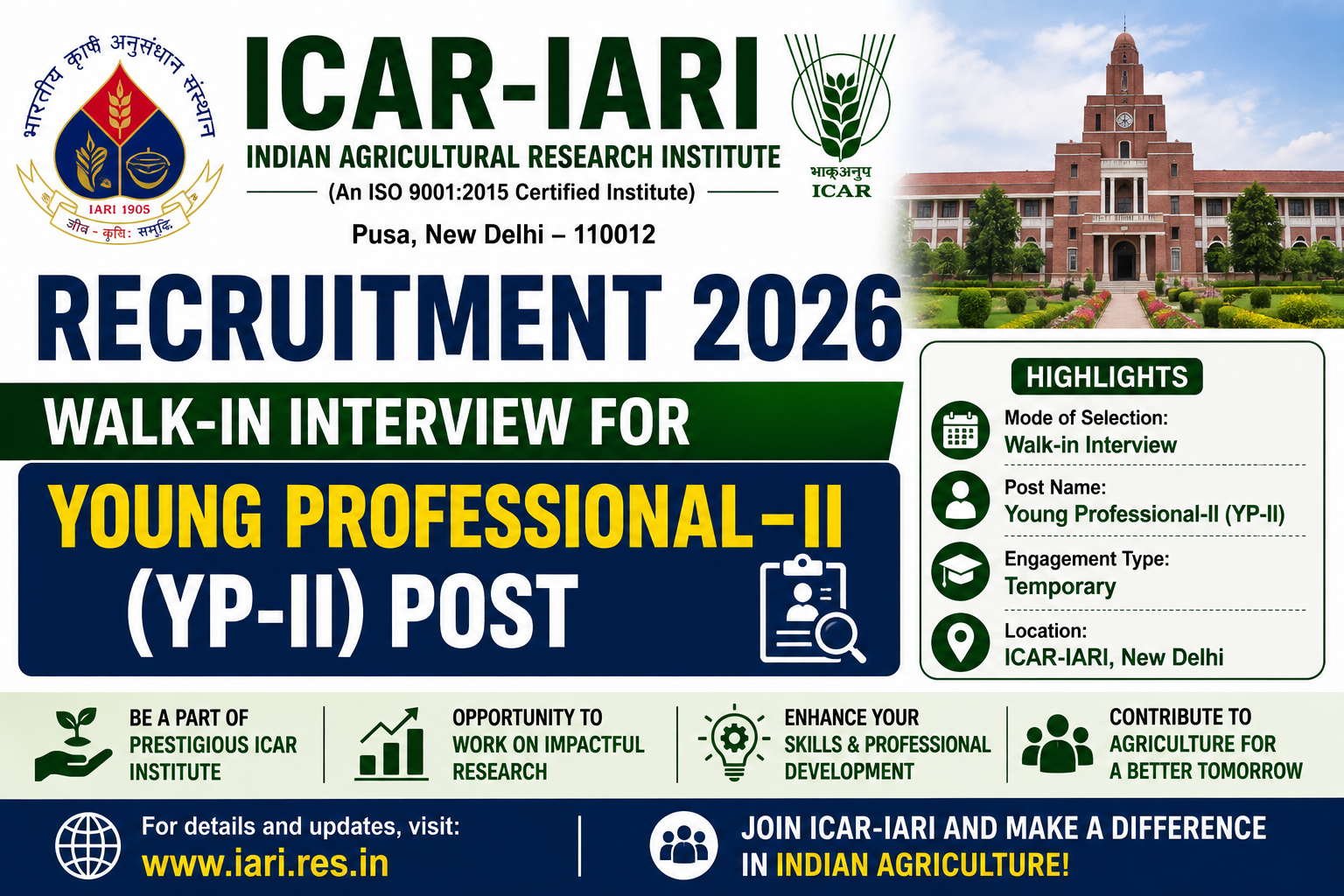 ICAR-IARI Recruitment 2026 Walk-in Interview for Young Professional-II (YP-II) post