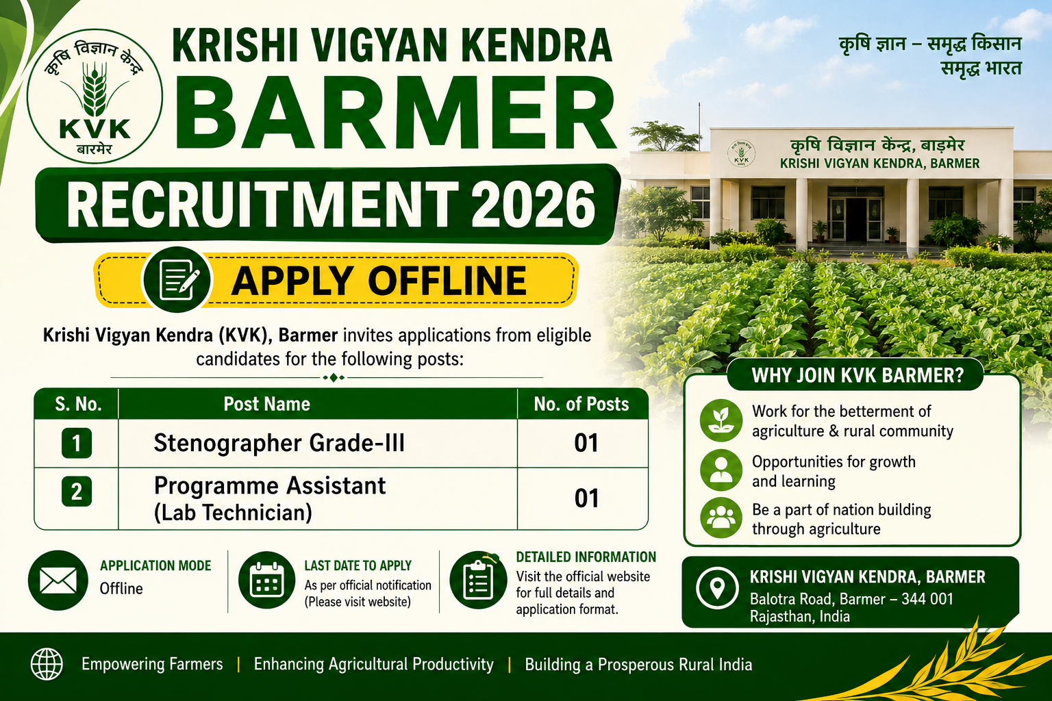 Krishi Vigyan Kendra Barmer Recruitment 2026