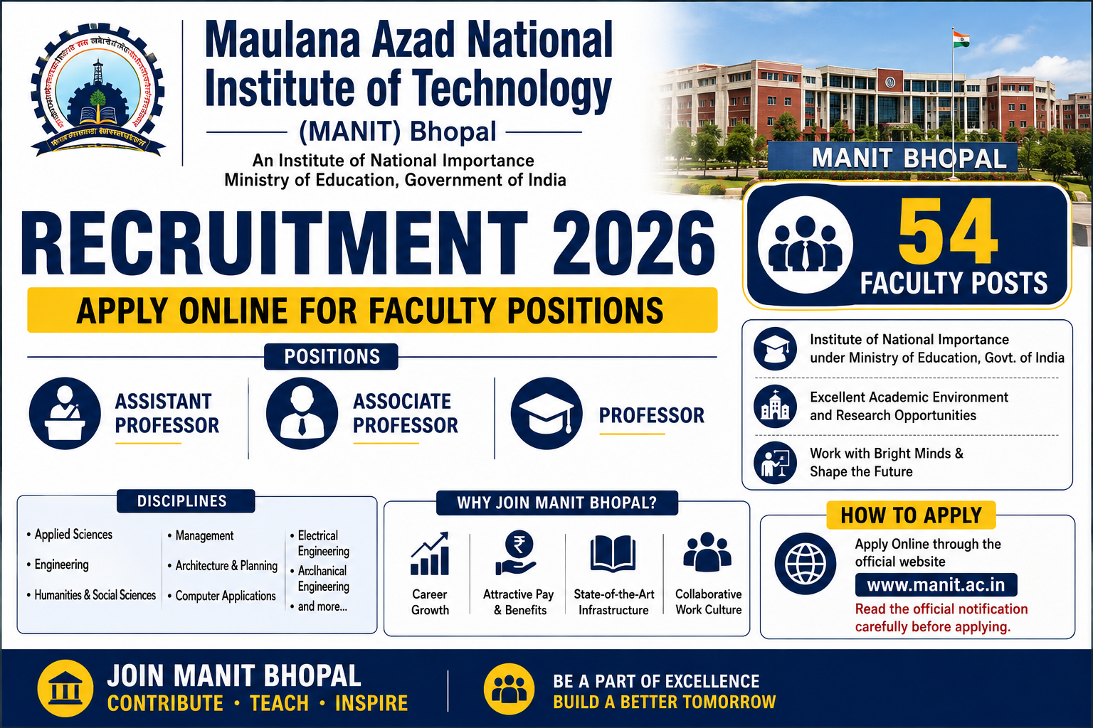 MANIT Bhopal Recruitment 2026 notification for Assistant Professor, Associate Professor and Professor posts