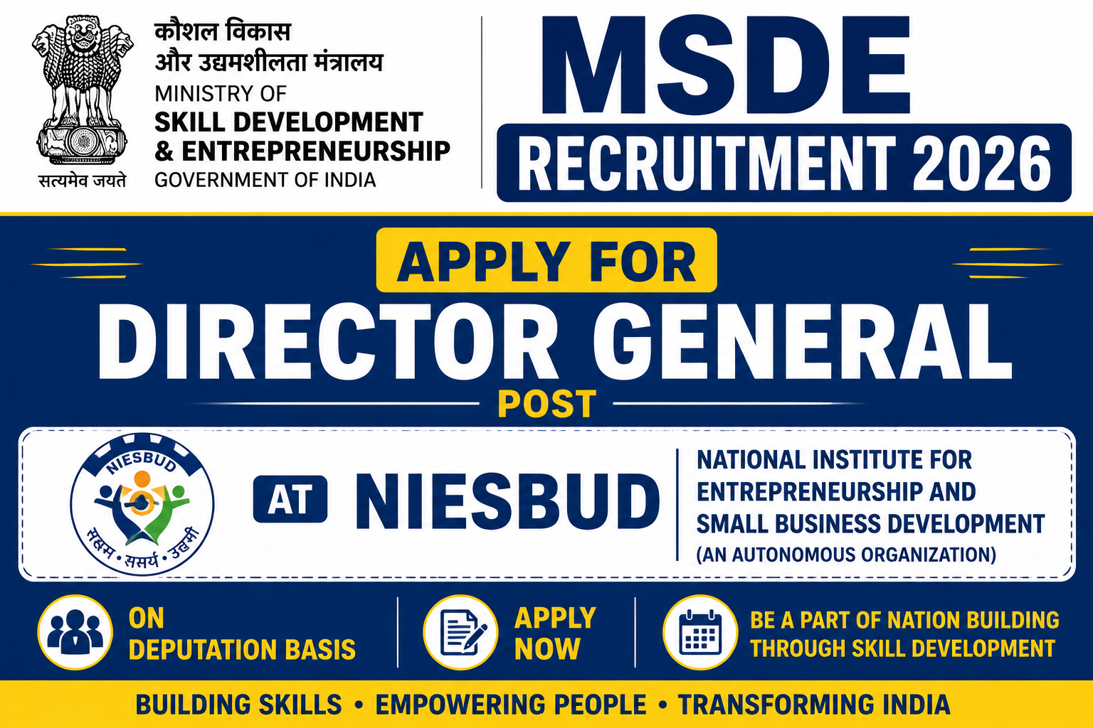 MSDE Recruitment 2026 notification for Director General post at NIESBUD on deputation basis