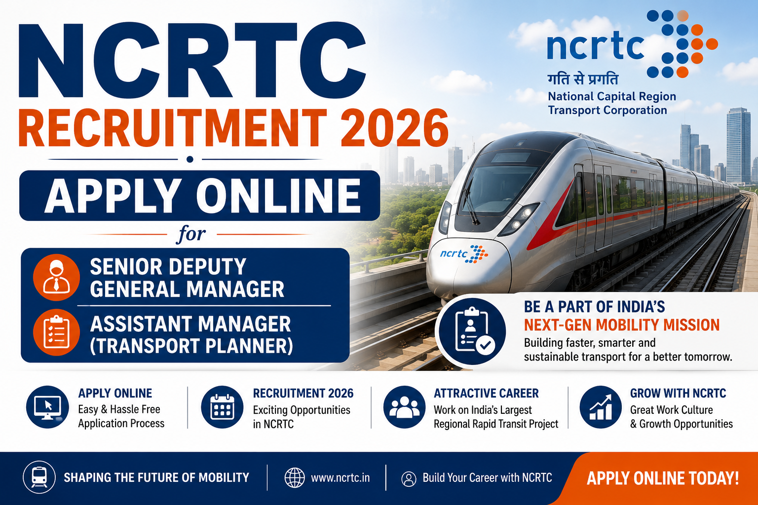 NCRTC Recruitment 2026 notification for Senior Deputy General Manager and Assistant Manager Transport Planner posts