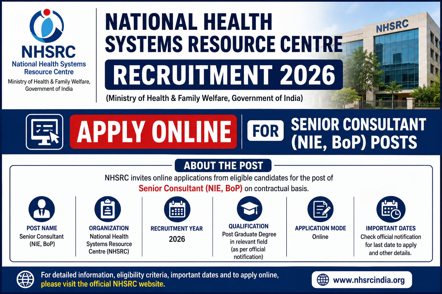 NHSRC Recruitment 2026 notification for Senior Consultant (NIE, BoP) post