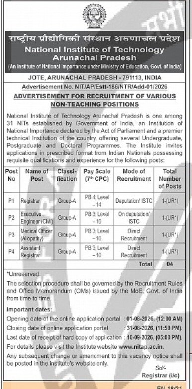 NIT Arunachal Pradesh Recruitment 2026