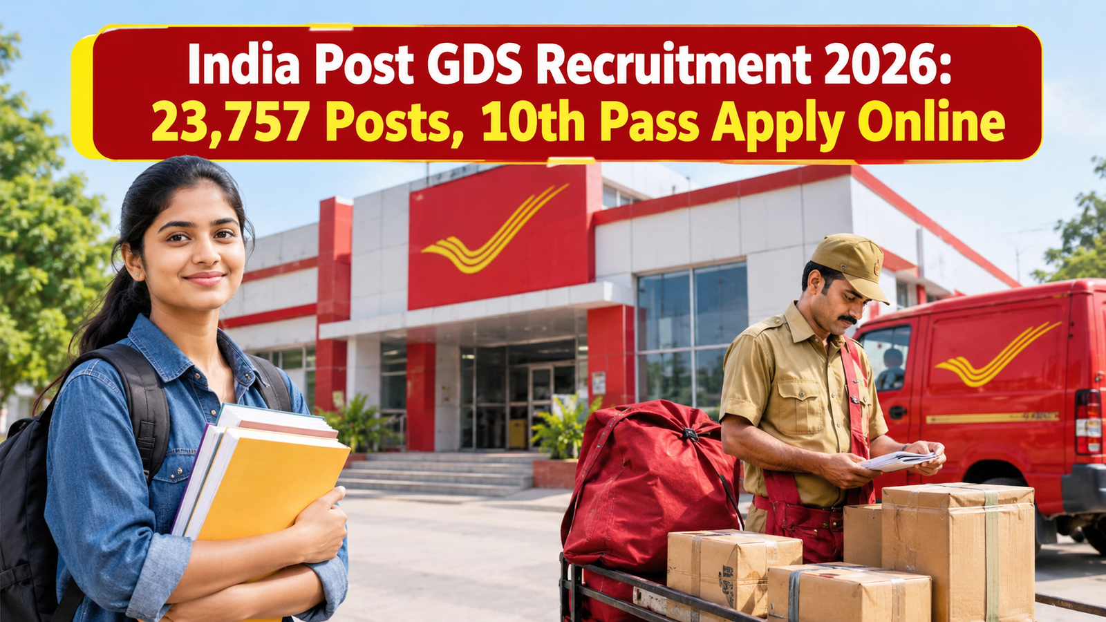 Create a professional, realistic featured image for a government jobs and recruitment news website. Use ONLY this title as visible text: “India Post GDS Recruitment 2026: 23,757 Posts, 10th Pass Apply Online”. Show an Indian postal recruitment theme with a modern post office building, an Indian postal employee in uniform, mail bags and parcels, a delivery vehicle, and a young candidate holding educational documents. Clean editorial news-style composition, realistic photography, professional and trustworthy appearance, high quality, 16:9 landscape format. Do not add any other text, numbers, logos, labels, badges, watermark, or extra words.